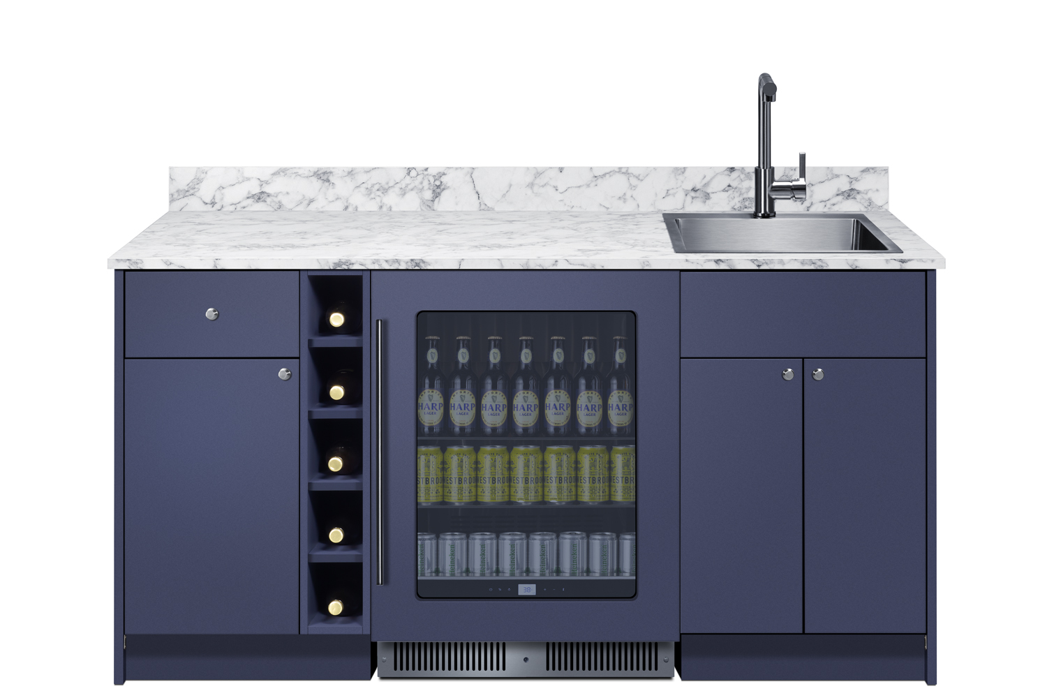 Turnkey Oasis Wet Bar featuring pre-assembled cabinetry and countertop with stainless steel sink, glass door beverage center, wine cubby, and storage cabinetry; ships in two boxes on one pallet